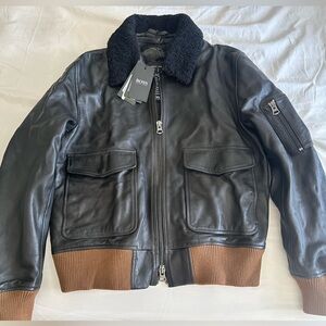 Hugo Boss NWT Charcoal Leather Jacket with Fleece Collar and Fleece Lining